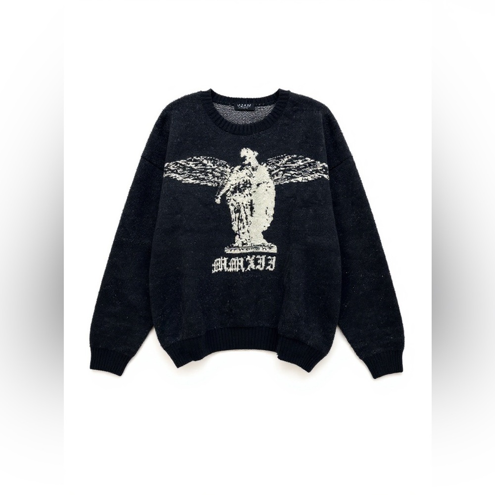 Oversized Boxy Brushed Gothic Graphic Knitted‎ Black XL Sweater